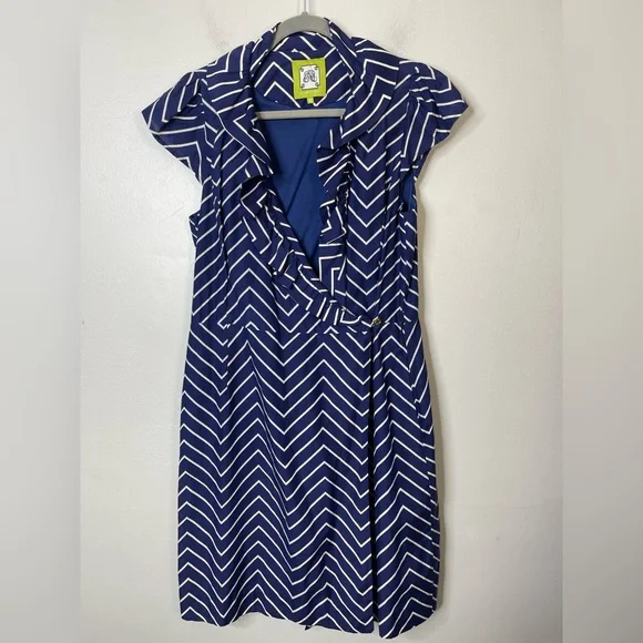 Elizabeth McKay Scotland Silk Cotton Dress in navy Waves Wrap Stand Collar 12 - Picture 2 of 14